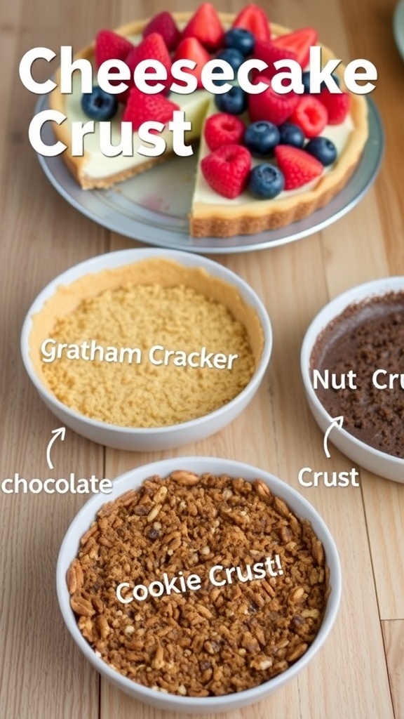 Various cheesecake crusts including graham cracker, chocolate cookie, and nut crusts on a wooden table.